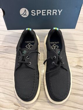 Sperry Black Canvas Two-Eye Boat Shoes with White Sole